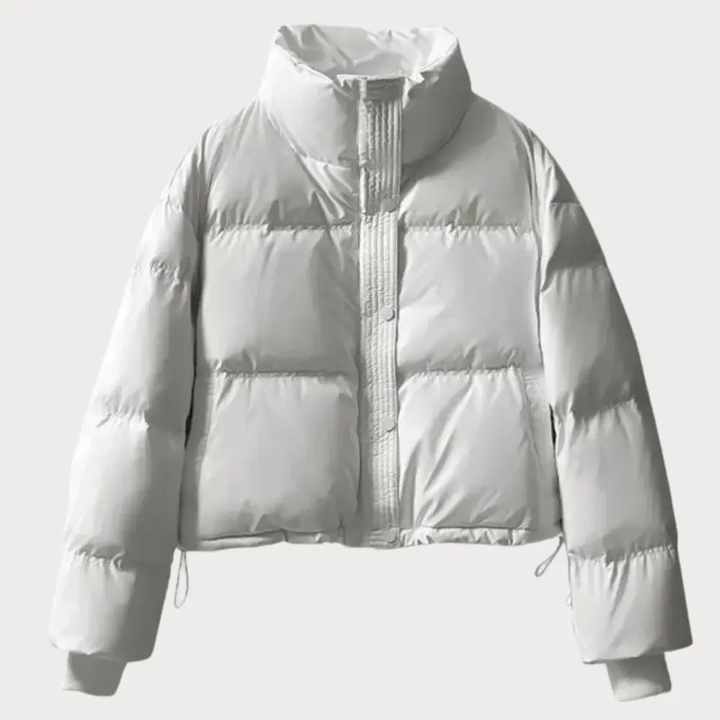Warm women's cropped puffer jacket, essential cold weather outerwear with a stylish stand collar & snap fasteners.