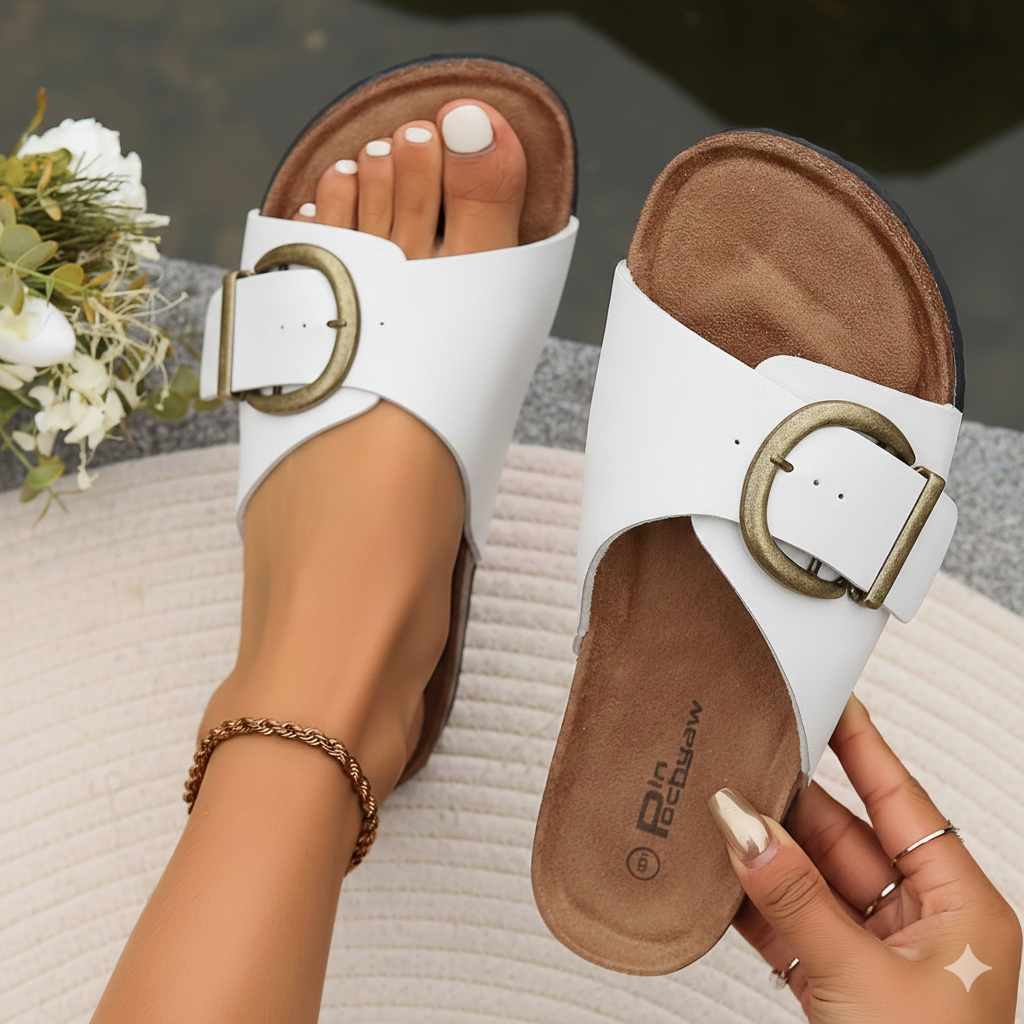 Women's sandals with arch support and adjustable buckle strap for ultimate comfort.