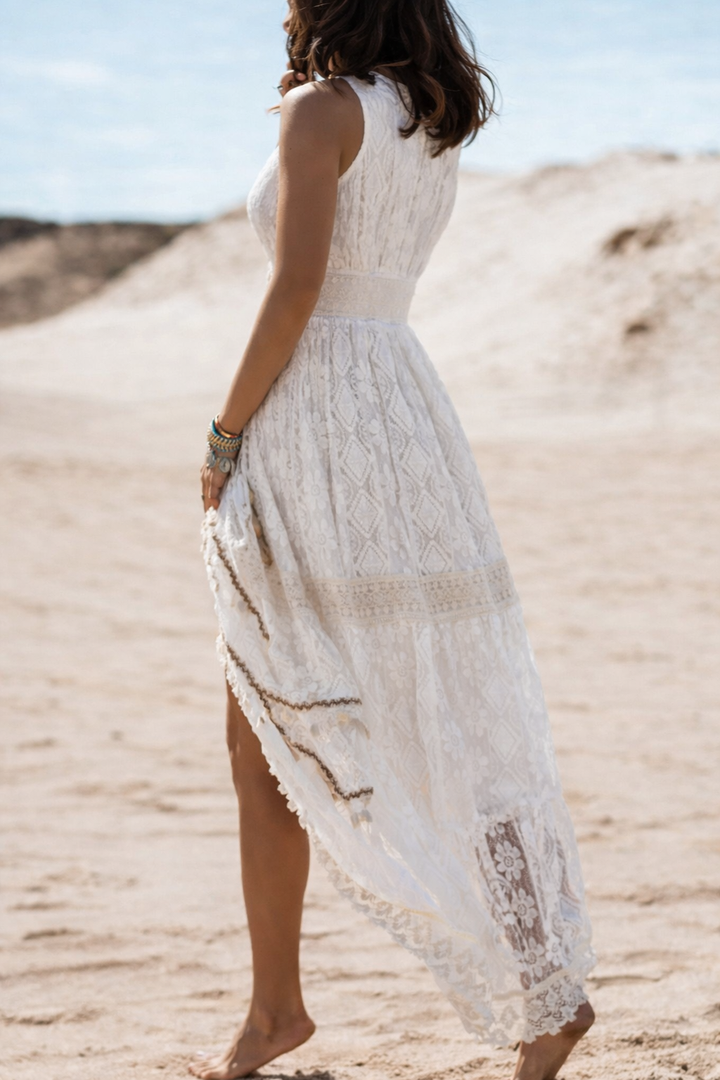 Stylish printed boho maxi dress for women. Sleeveless V-neck, perfect for casual or beach outings.