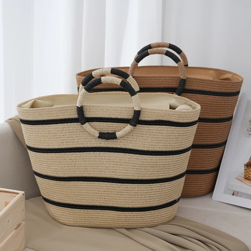 Elegant striped women's tote bag, woven handles, a must-have summer beach bag & casual everyday fashion accessory.
