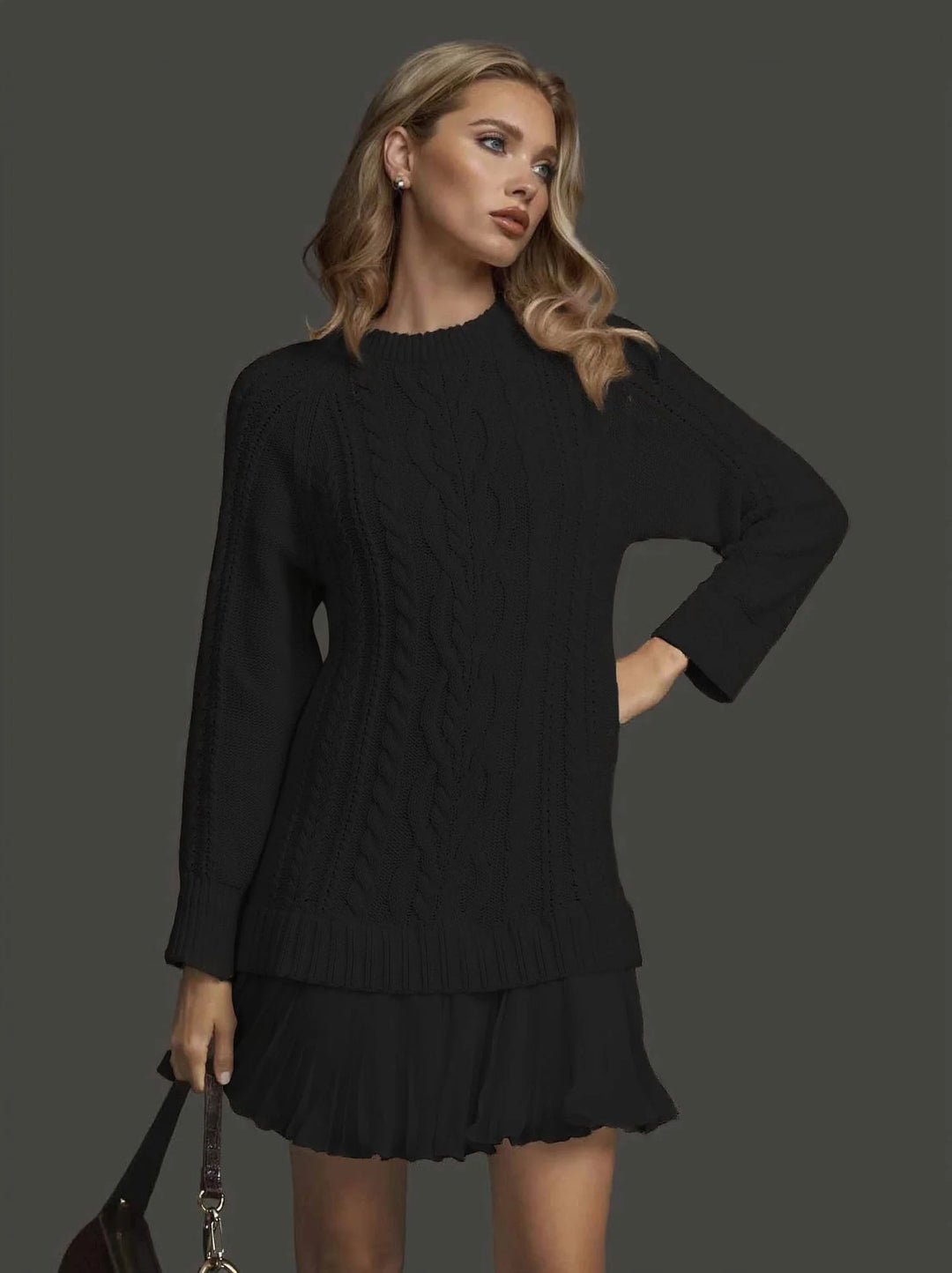 Elegant long sleeve women's winter dress with cable pattern & pleated hem, ideal for day-to-night wear.