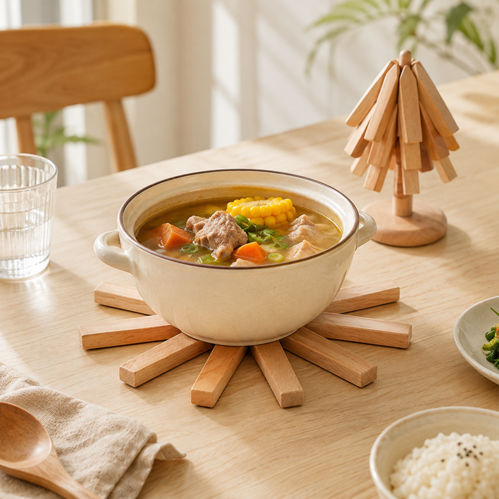Versatile decorative wooden placemat, shown folded and open, enhancing any dining experience.