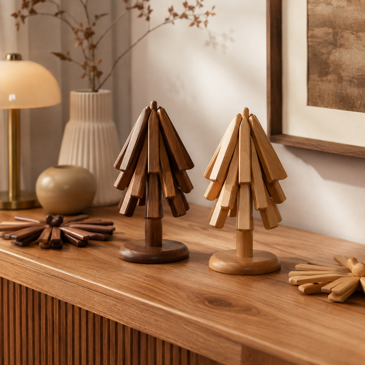 Foldable walnut wooden placemat, elegant and space-saving, perfect for modern dining tables.
