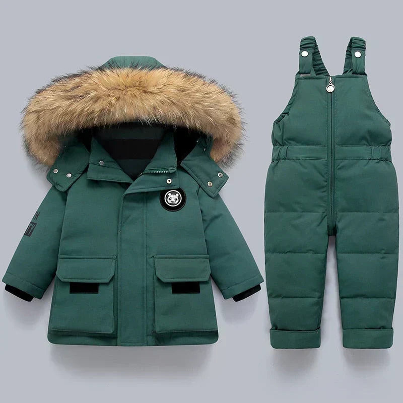 Warm children's outerwear set. Winter jacket & snow pants provide comfort & protection for snow play.