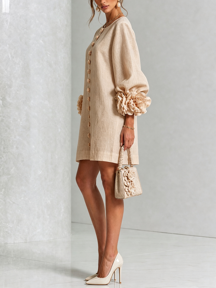 Women's comfortable puff sleeve mini shift dress, tunic style, long sleeves.