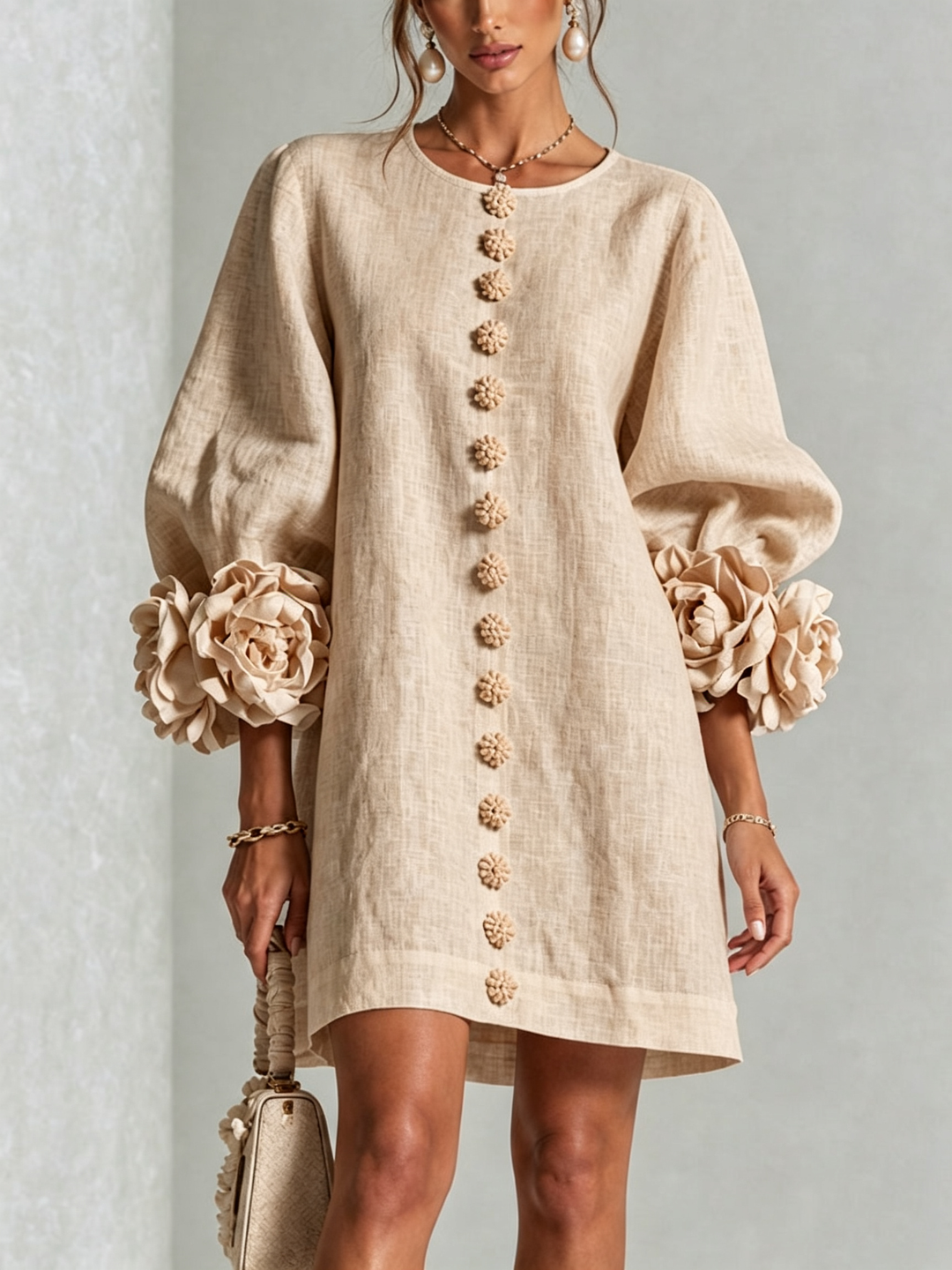 Day-to-night women's puff long sleeve tunic mini dress, versatile comfort fit.