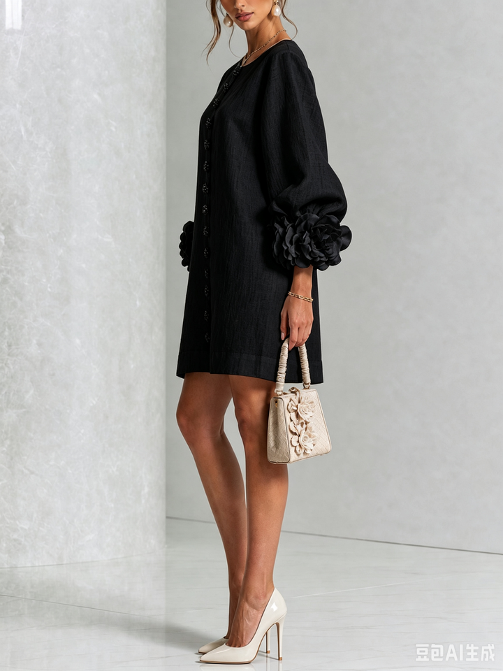 Chic women's collarless puff long sleeve tunic mini dress, versatile for day.