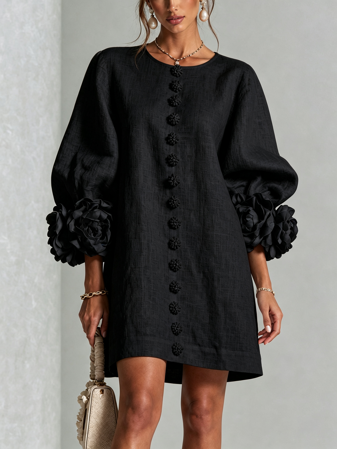 Breezy casual women's puff long sleeve tunic mini dress, shift silhouette.