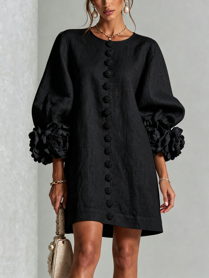 Breezy casual women's puff long sleeve tunic mini dress, shift silhouette.