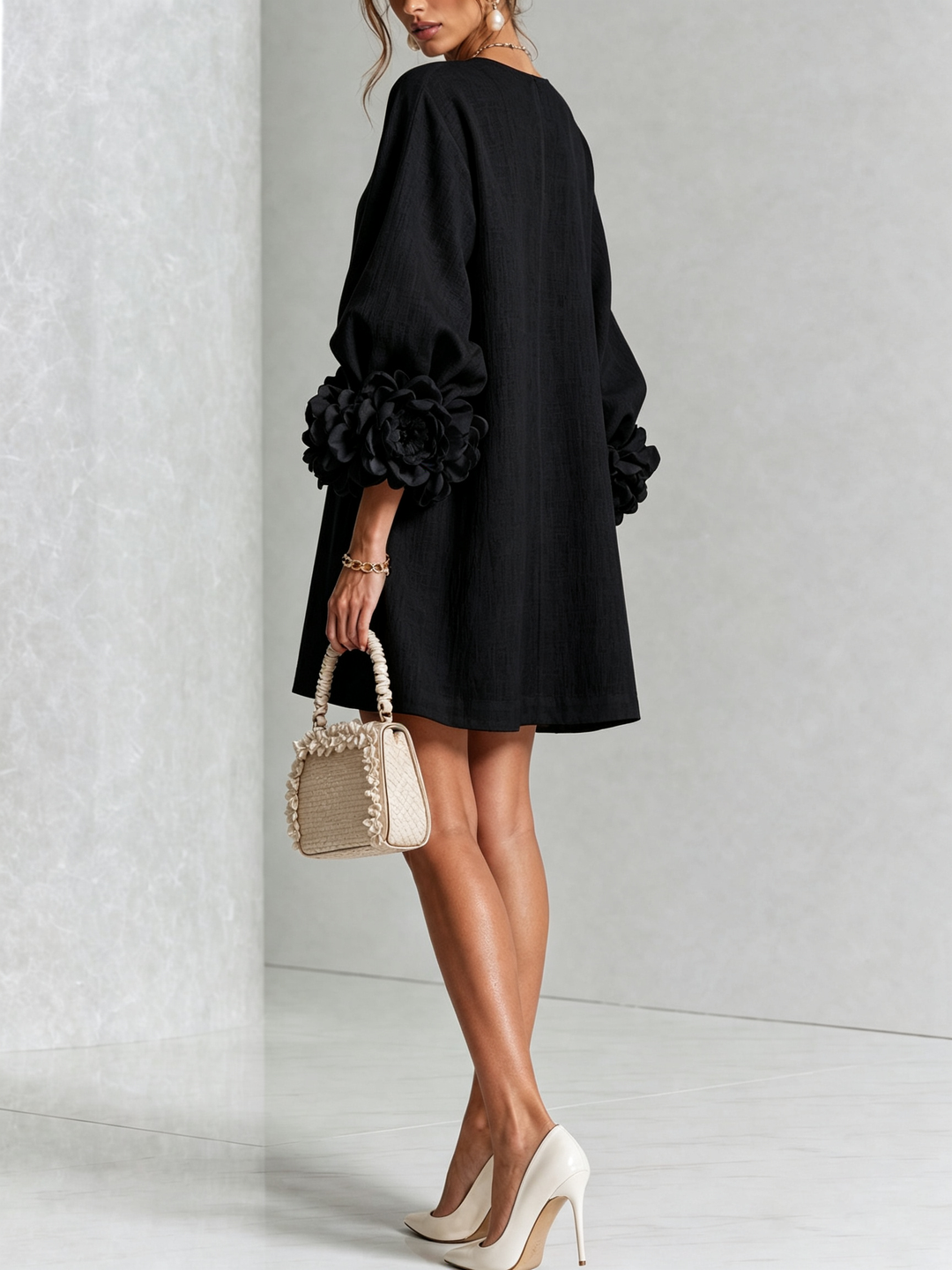 Modern women's puff sleeve tunic mini shift dress, comfort fit, long sleeves.