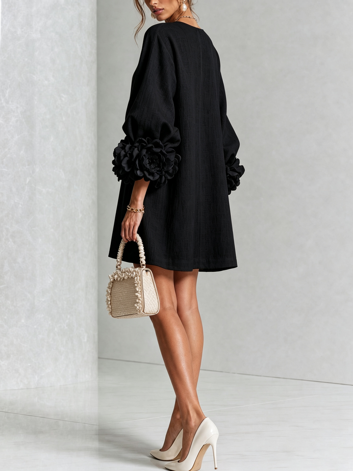 Modern women's puff sleeve tunic mini shift dress, comfort fit, long sleeves.