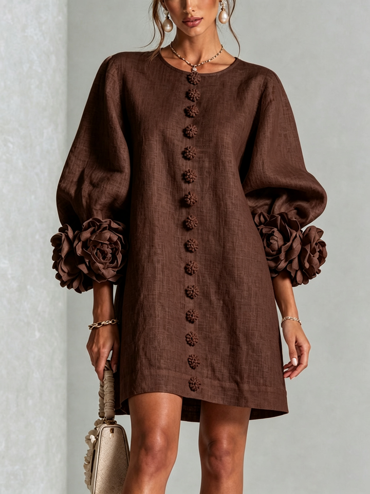 Women's puff long sleeve tunic mini dress, shift style, collarless for relaxed chic.