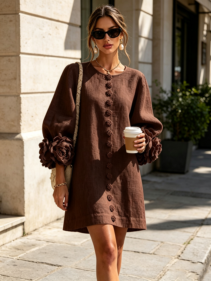 Stylish women's puff sleeve long sleeve tunic mini dress, perfect for everyday casual.