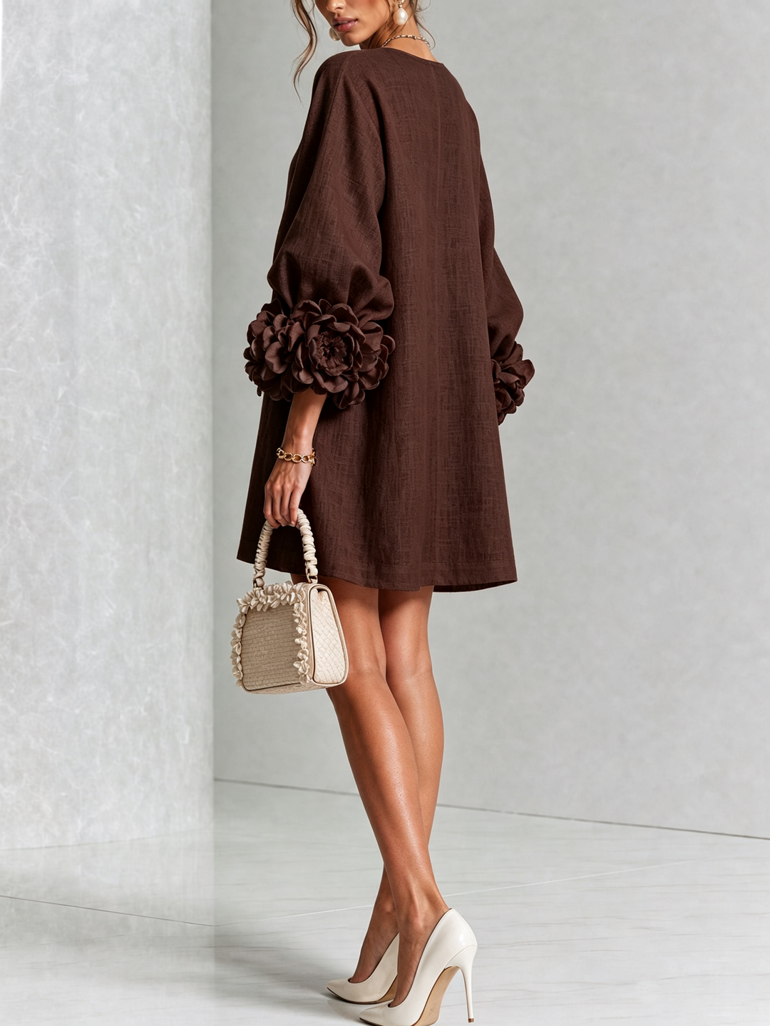 Women's relaxed fit puff long sleeve tunic mini shift dress, breathable fabric.