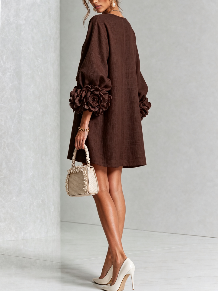 Women's relaxed fit puff long sleeve tunic mini shift dress, breathable fabric.