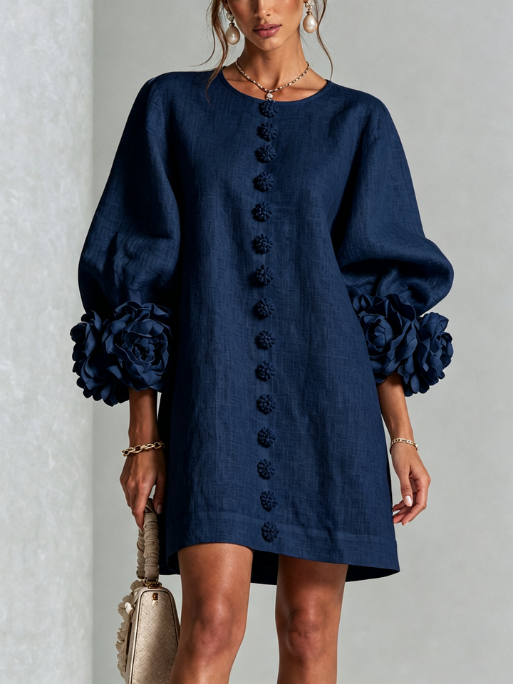 Woman modeling a stylish puff long sleeve tunic mini shift dress, versatile comfort.