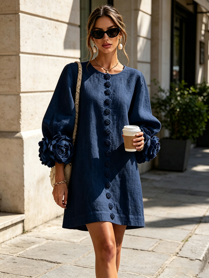 Everyday women's puff long sleeve mini shift dress, tunic style, comfortable and chic.