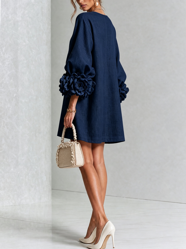 Elegant women's puff sleeve tunic mini shift dress, long sleeve, collarless.