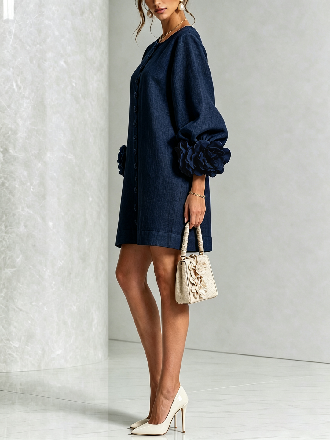 Relaxed fit women's puff long sleeve mini shift dress, tunic style, summer casual.