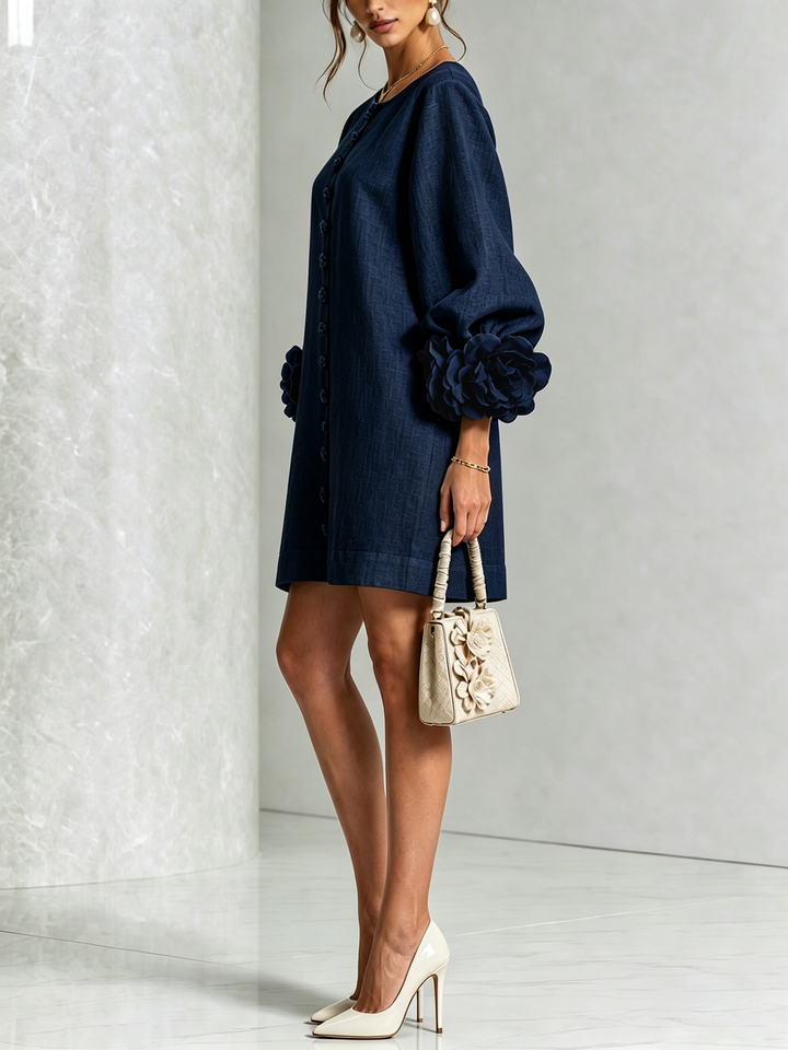 Relaxed fit women's puff long sleeve mini shift dress, tunic style, summer casual.