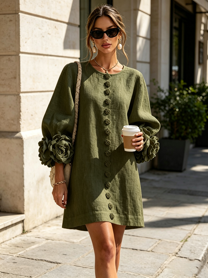 Back view of a comfortable women's puff sleeve tunic mini dress, casual day wear.