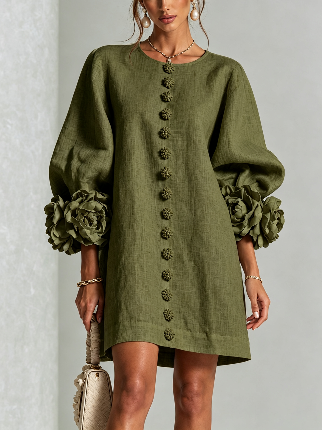 Striped women's puff sleeve tunic mini shift dress, long sleeve for stylish comfort.