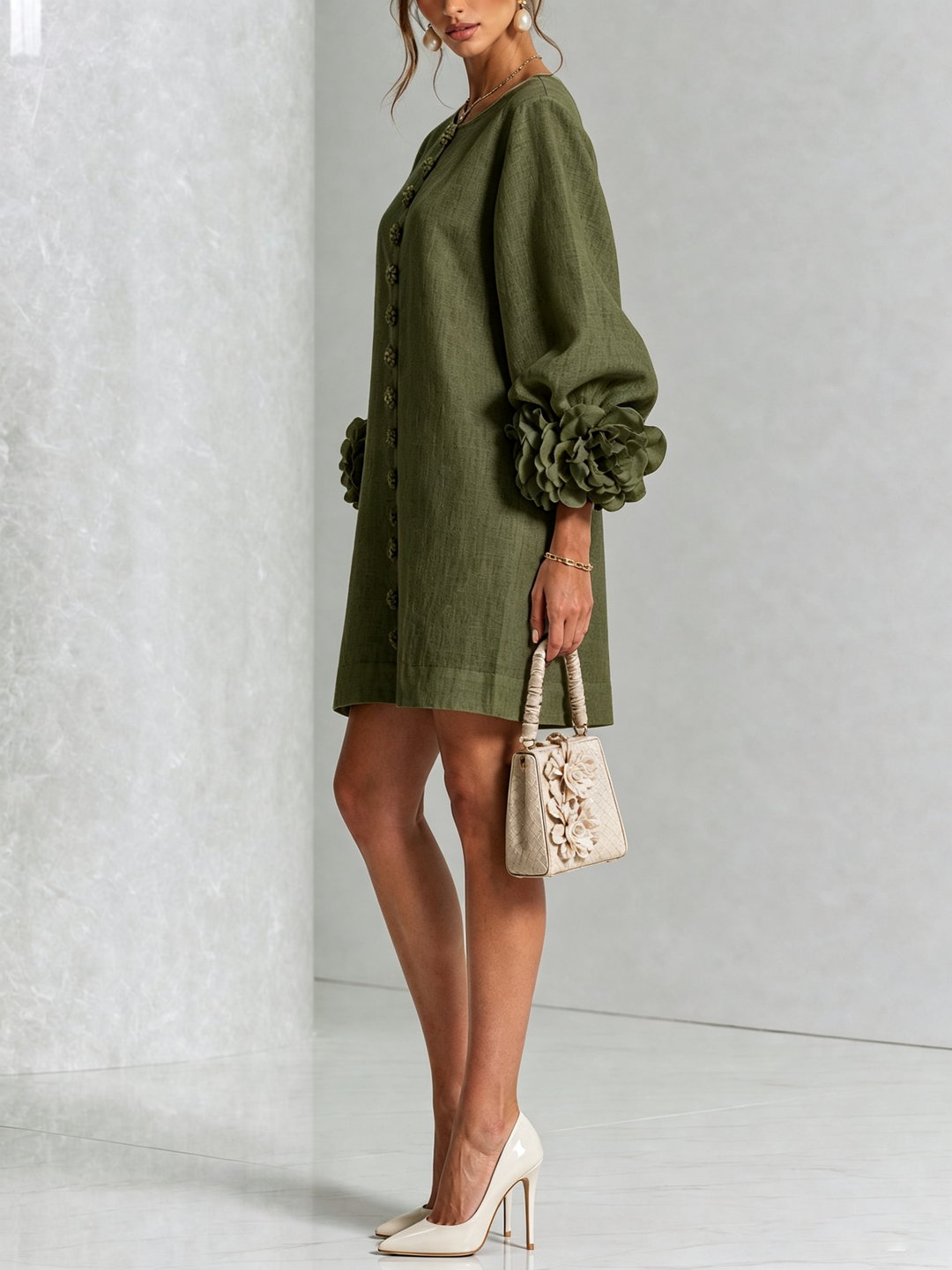 Floral print women's puff long sleeve tunic mini shift dress, perfect for spring/summer.