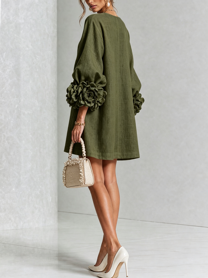 Front view of a women's puff long sleeve tunic mini shift dress, collarless design.