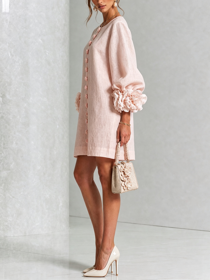 Fashionable women's puff long sleeve mini shift dress, tunic style for comfort.