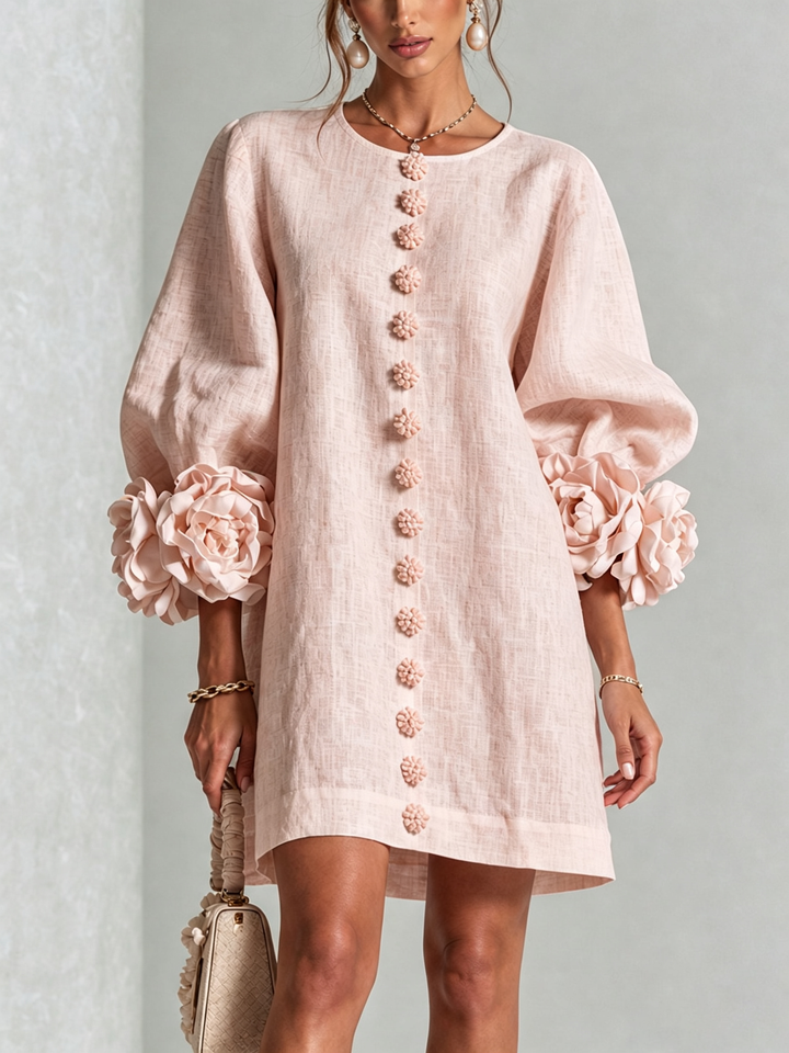Lightweight women's puff sleeve tunic mini shift dress, airy long sleeve design.