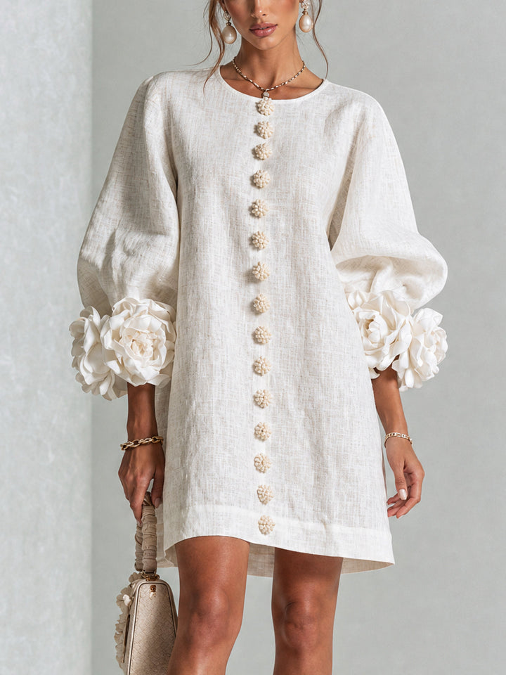 Women's white puff long sleeve tunic mini shift dress, collarless casual summer style.