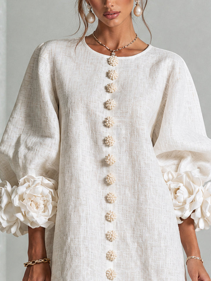 Green comfort fit women's puff sleeve tunic mini dress, ideal for summer days.