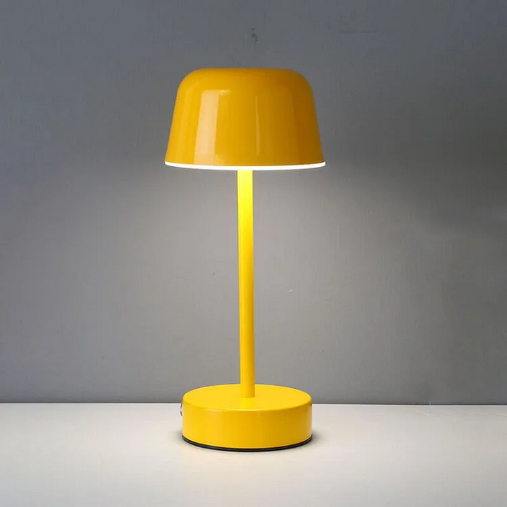 Rechargeable metal table lamp, dimmable flare design, ideal for contemporary home accents.