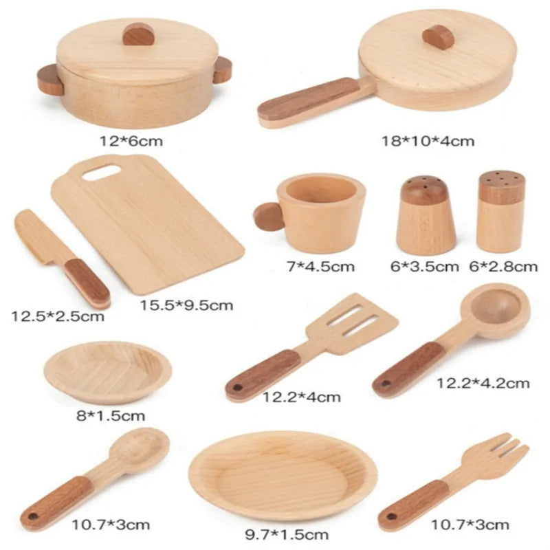 Child happily playing with a wooden tree-trunk design play kitchen, fostering imaginative and creative play.
