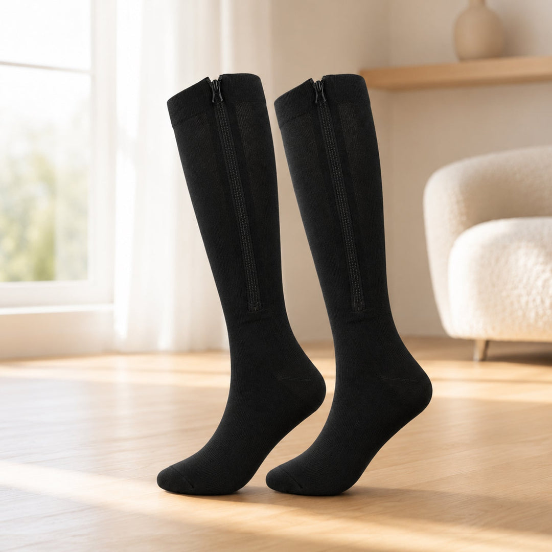 Unisex zipper compression socks for easy on/off, ideal for travel, active wear & leg support.