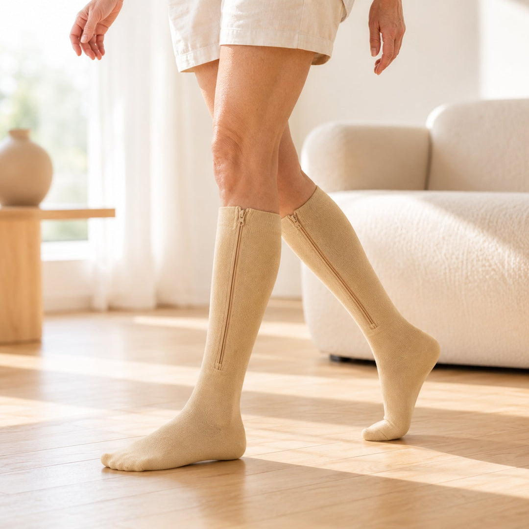 Zipper compression socks for swelling relief, edema, travel, and post-surgery leg support.