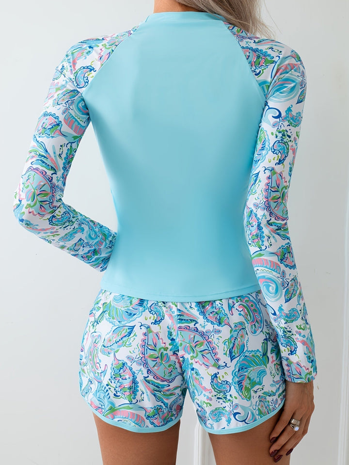 Flattering women's sun protection swim set, ideal for chic beachwear and stylish summer poolside comfort.