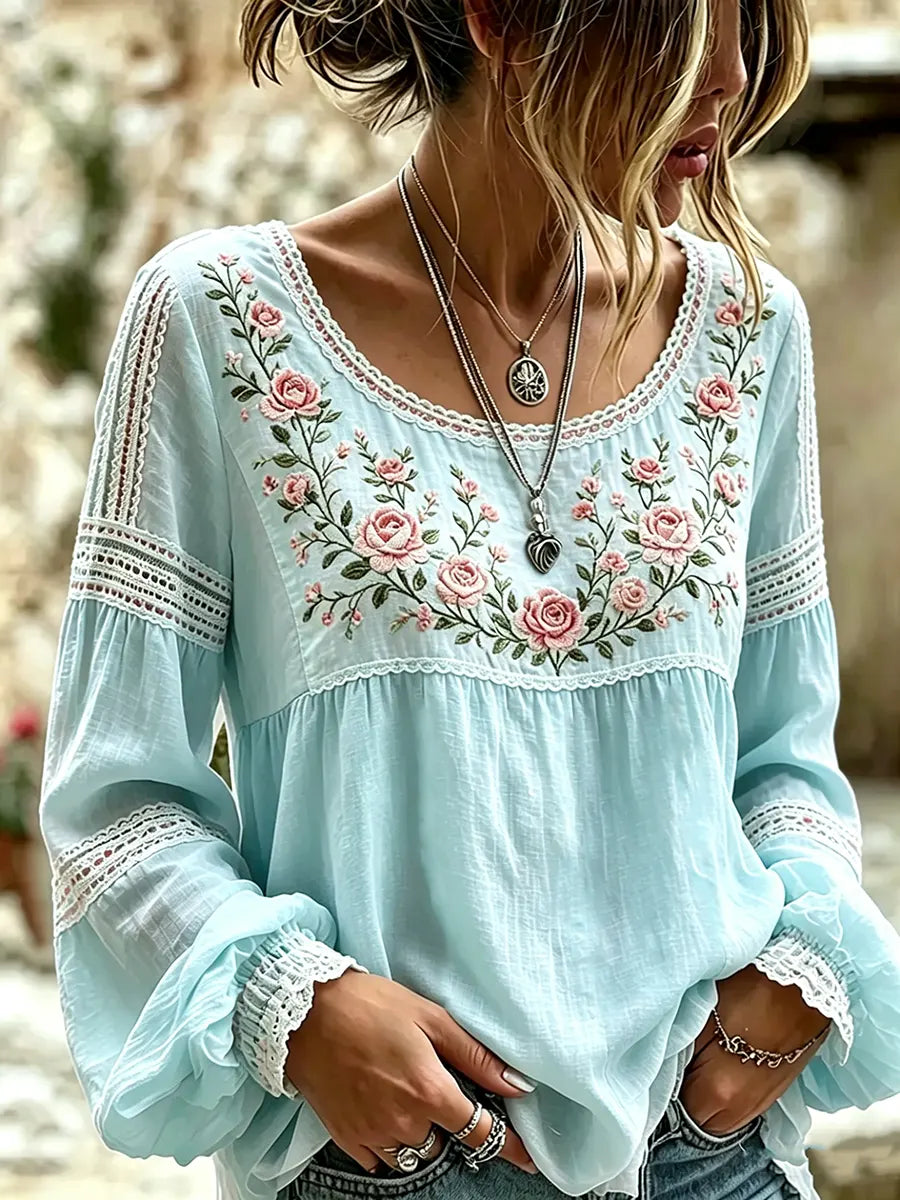 Embroidered women's long sleeve blouse, a chic and comfortable top perfect for versatile casual wear.