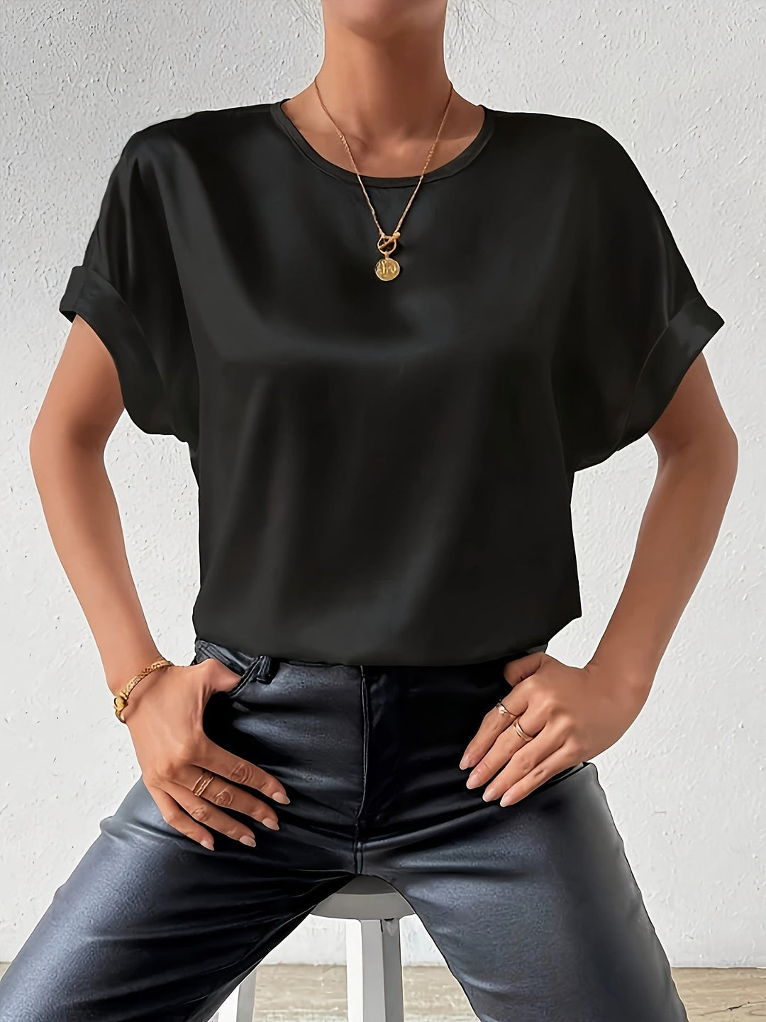 White satin short sleeve blouse for women, elegant & versatile summer top.