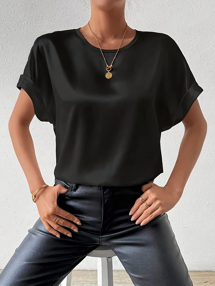 White satin short sleeve blouse for women, elegant & versatile summer top.