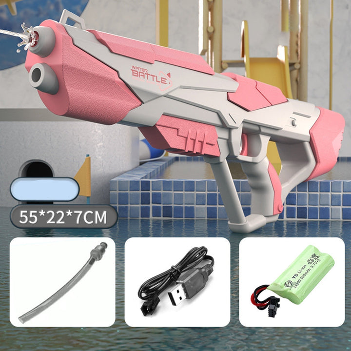 Summer-ready electric water blaster, rechargeable & powerful. The ultimate outdoor toy gun for water fights.