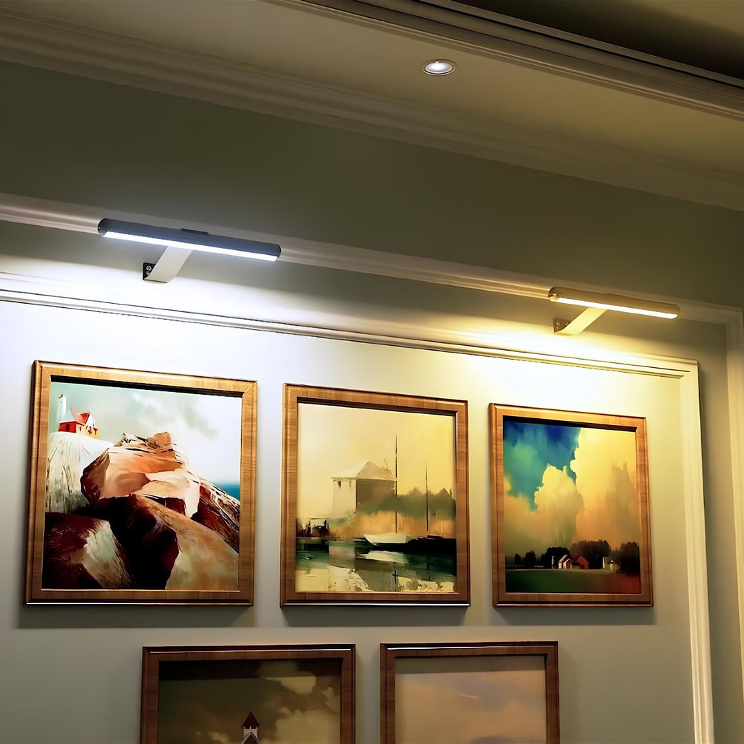 Elegant dimmable LED picture light. Cordless, rechargeable, remote control for sophisticated wall decor.