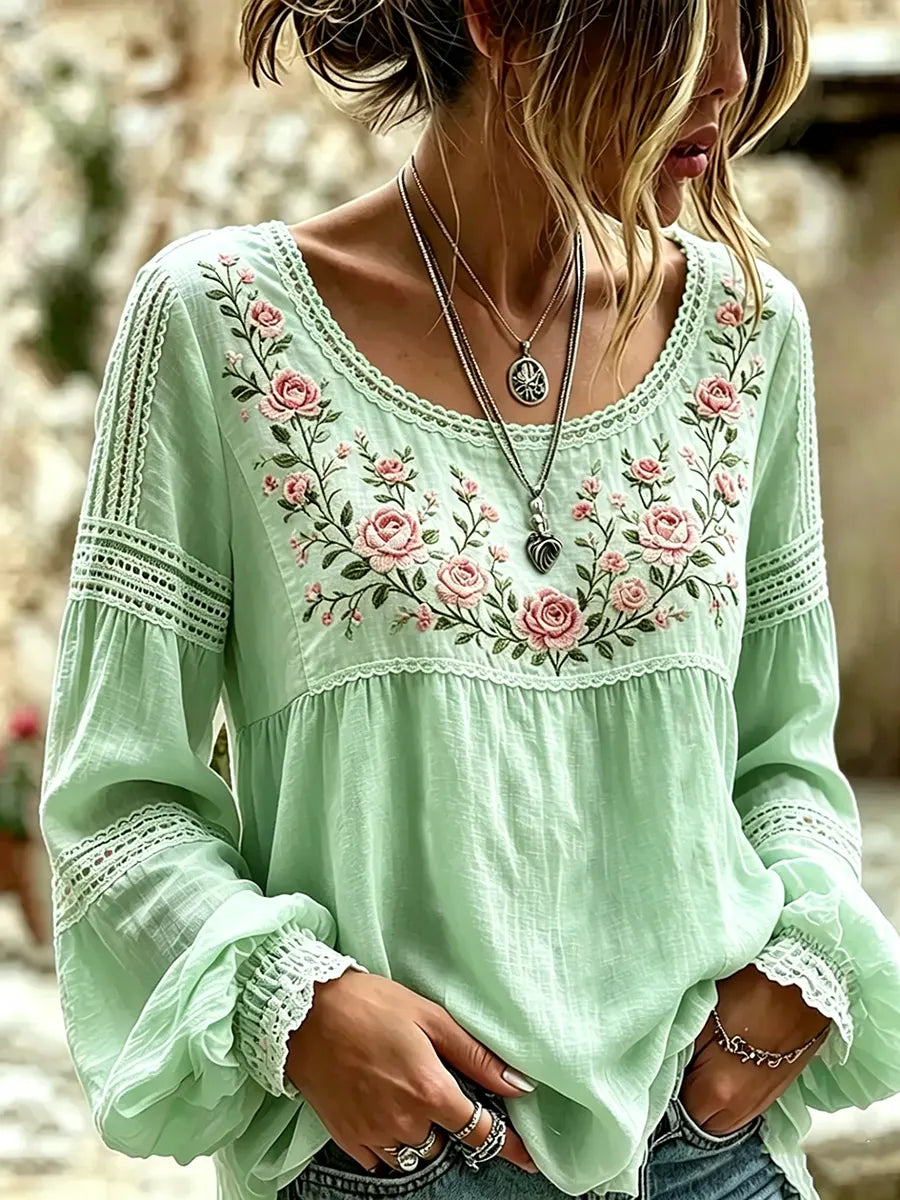 Chic women's embroidered long sleeve blouse, perfect for versatile casual spring and summer outfits.