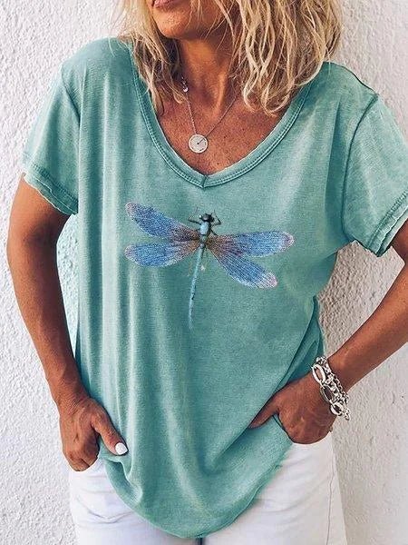 Women's everyday V-neck t-shirt with a unique dragonfly graphic. Relaxed fit short sleeve casual top, comfortable.