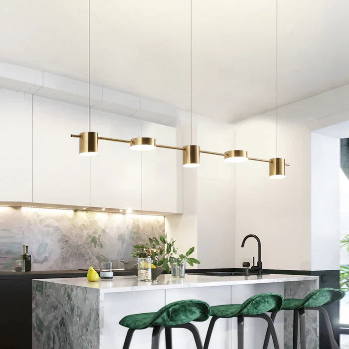 Sophisticated drum pendant, adjustable LED lighting for a modern kitchen & dining setup.