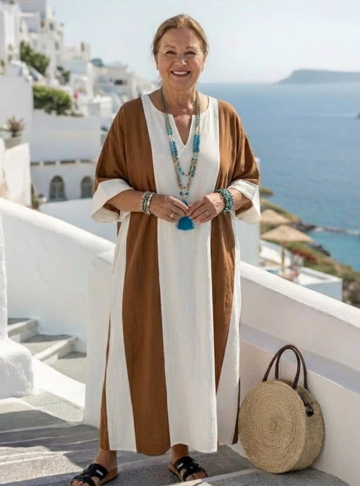 Stylish women's color block short sleeve maxi dress. A comfortable, relaxed fit beach dress for summer and resort.