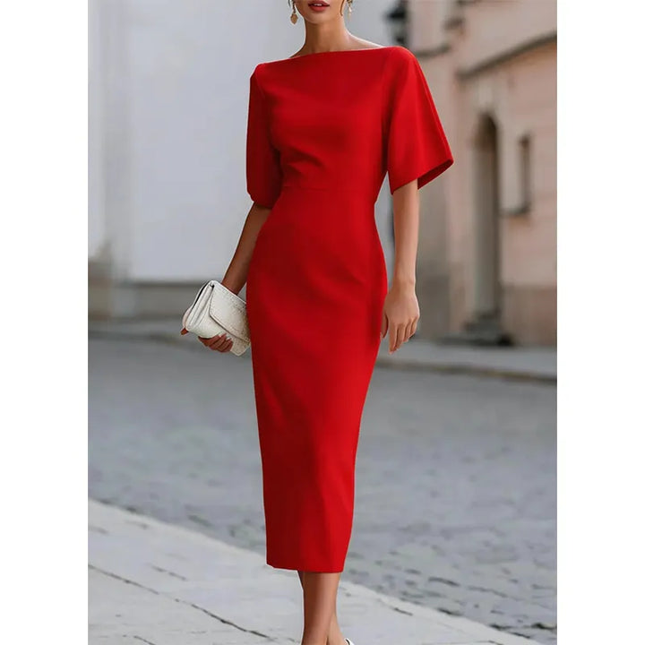 Stylish navy boat neck bodycon midi dress, an elegant short sleeve outfit for women's party or evening wear.