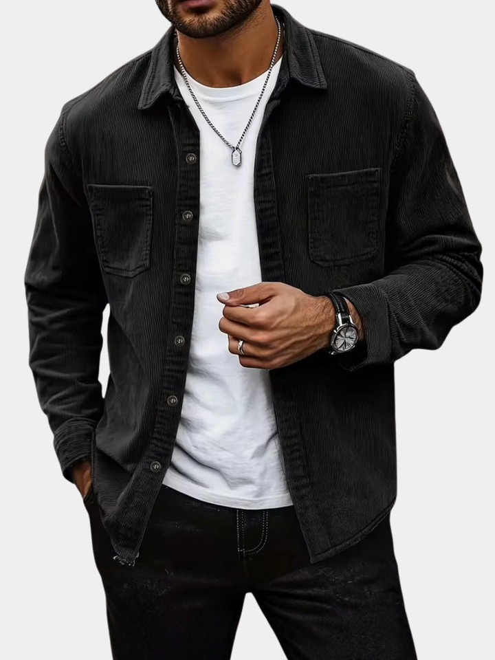 Men's long sleeve button-down shacket for stylish layering. Casual versatile outerwear.
