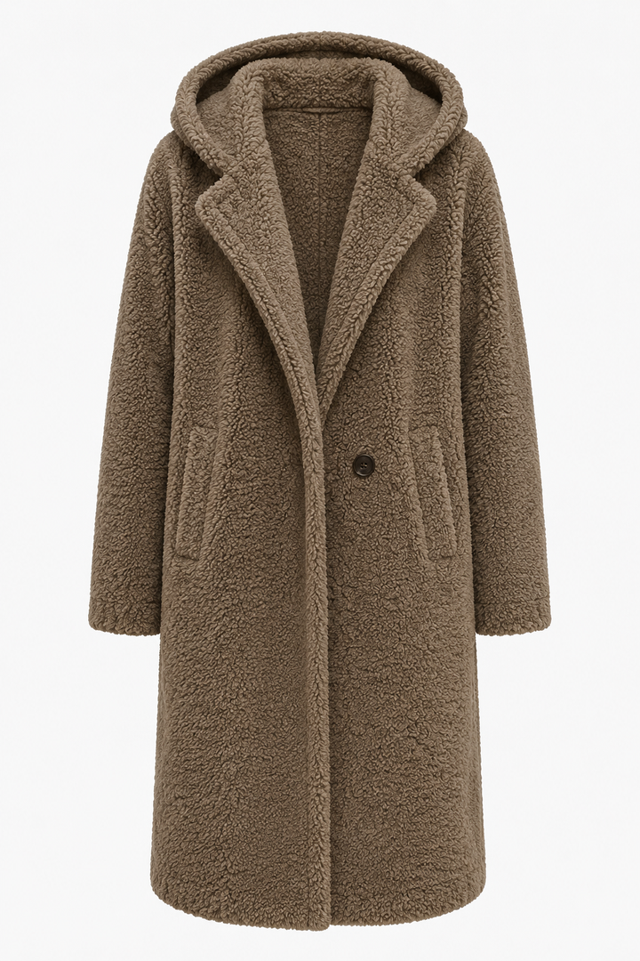 Chic women's winter coat, hooded and knee-length, perfect for staying warm and fashionable.