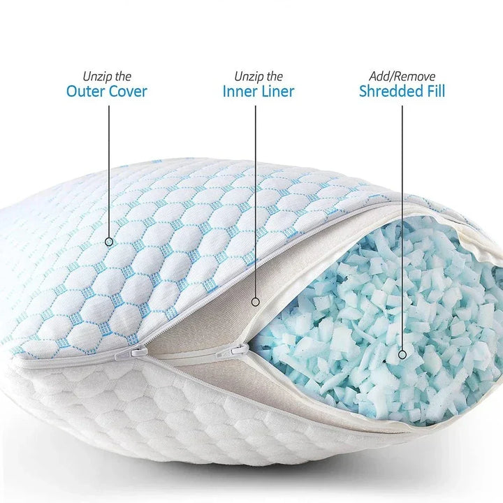 Premium adjustable cooling bedding pillow enhances bedroom comfort, ensuring restorative sleep & support.
